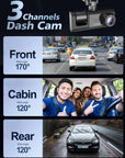 Car Dual Lens Dash Cam HD 1080P Front/Rear/Inside Video Recorder Camera G-Sensor